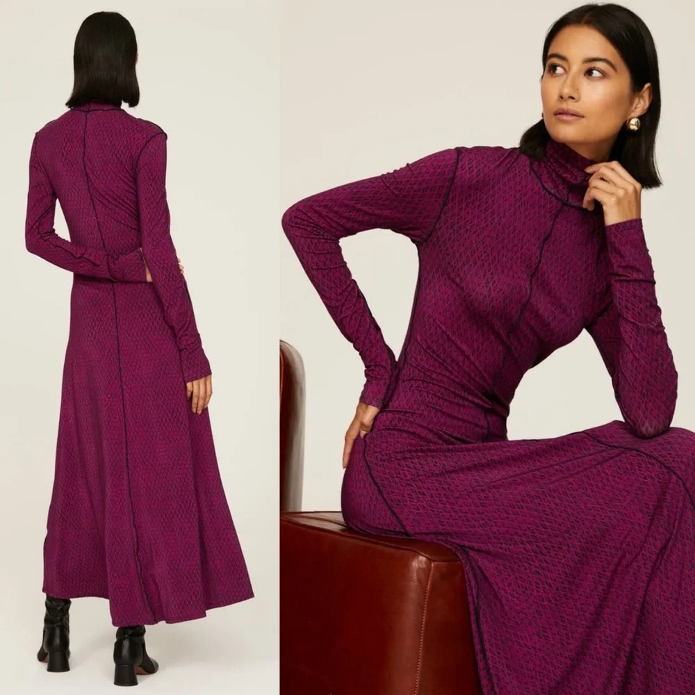 Proenza Schouler White Label Marble Mesh Turtleneck Midi Dress M Jersey Stretch - Picture 2 of 11